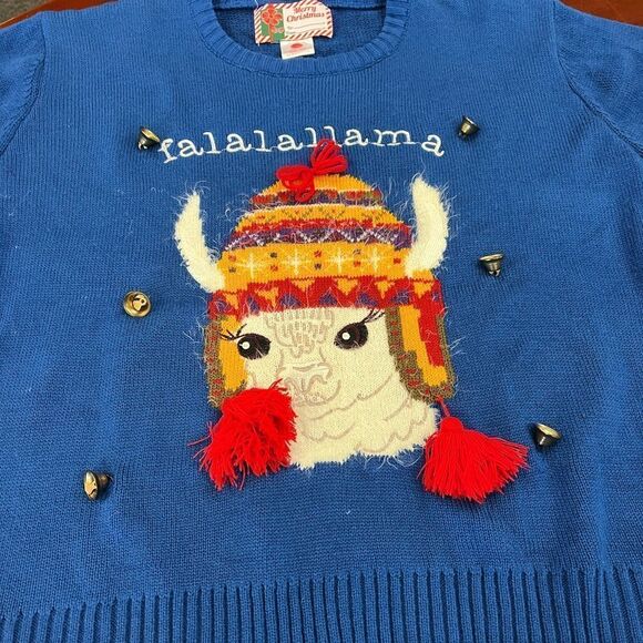 Blue Acrylic Christmas Sweater Falalallama sz L/XL - Picture 2 of 5